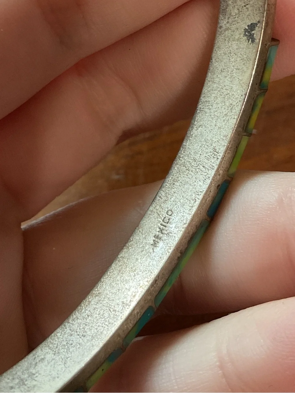 Vintage Mexico Acrylic Blue Green Inlay Silver Tone Bangle Bracelet